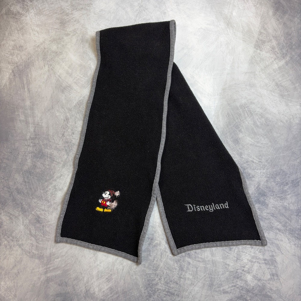 Disneyland Resort Mickey Mouse Holiday Fleece Scarf Black Gray Embroidered Logo